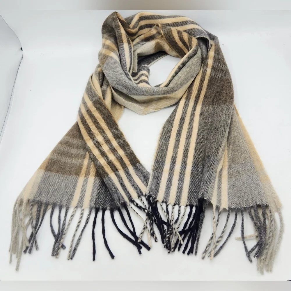 Joseph A Bank Cashmere Plaid Scarf In Cream Brown Tan Grey With Frange 70